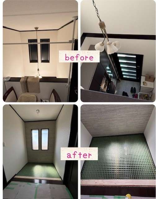 吹き抜け部分に床を作りました。吹き抜けの下の部分の玄関が暗くならないように樹脂板を透明にしました。